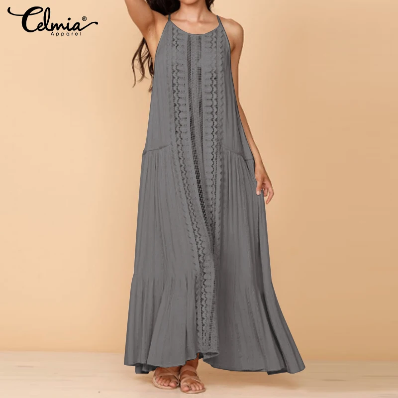 

Women Sexy Straps Sleeveless Beach Dress Celmia 2019 Summer Long Shirt Dresses Casual Loose Lace Stitching Maxi Vestidos S-5XL