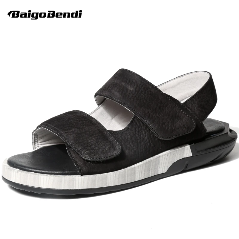 

2018 Real Leather Breathable Men Hook Loop Sandal Trendy Thick Heel Open Toe Summer Sandals Man Casual Beach Shoes Black