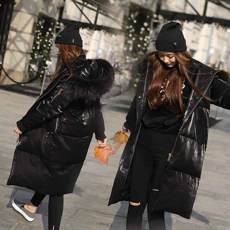 AYUNSUE Новая мода европейские зимние женские ватные куртки с натуральным мехом енота длинное толстое пальто с капюшоном Лидер продаж LX825 - Цвет: black duck down coat