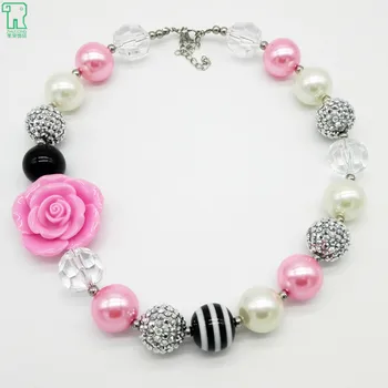 

Kids Chunky Statement Necklace 20mm Beads Link Chain 2015 Trendy Girls Bubblegum Pink Resin Flower Choker Necklace Hot Selling