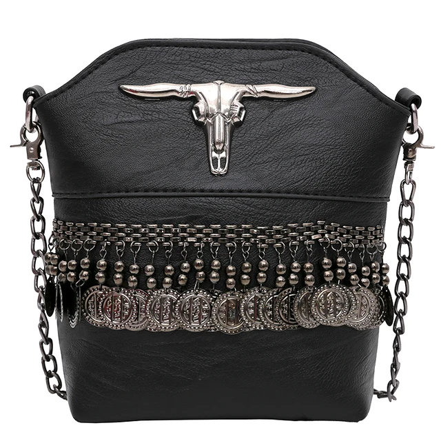 Punk Style Fringe Handbags Black Leather Boho Bag Small Clutch Punk Style Fringe Handbags Black Leather Boho Bag Small Clutch Tassel Women Hand Bags Stud Evening