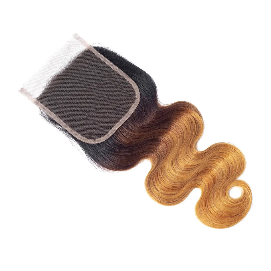 Ombre Bundles with Closure 1B/4/27# Three Tone Ably Brazilian Body Wave Blonde Remy Human Hair 3 Bundles with 4X4 Lace Closure
