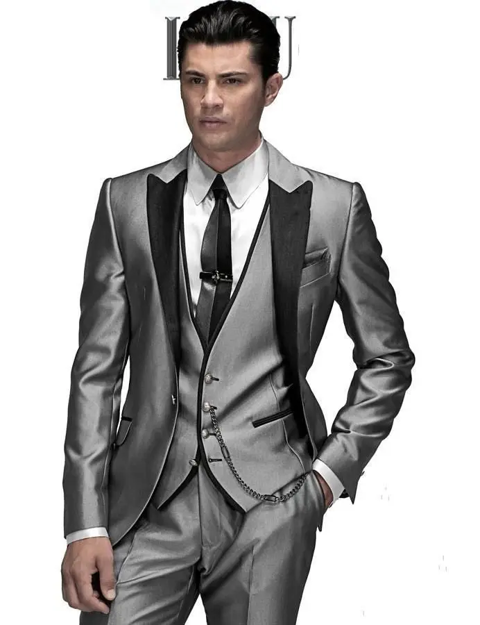Стиль с блестящим серебряным корпусом заостренный лацкан Женихи Для мужчин Best человек свадебные костюмы для мужчин Slim Fit Комплект со смокингом жениха(куртка+ брюки+ жилет+ галстук-бабочка - Цвет: as picture