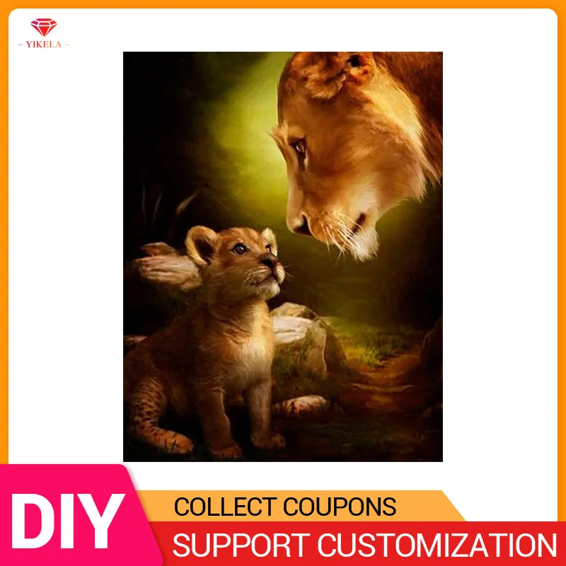 

YIKELA 5D Diy Painting of Full Round/Square Crystal Diamond Animal Big/Little Lion Mosaic Cross Stitch Embroidery