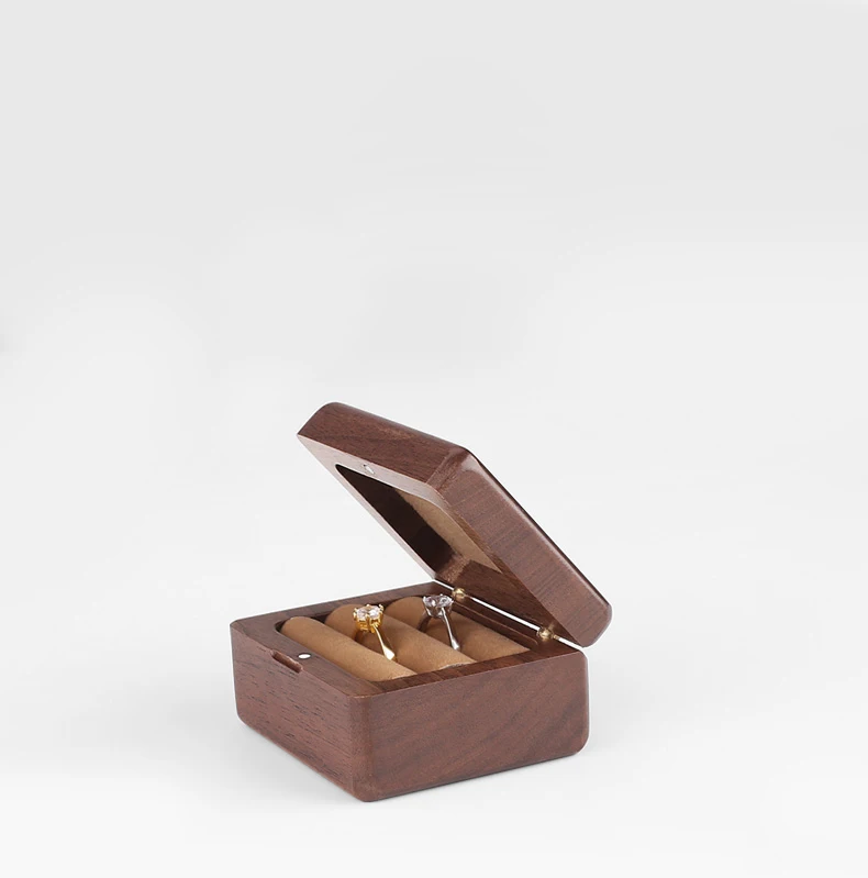 Ореховая деревянная коробочка для колец для двух помолвочных картонная коробочка для колец и украшений юбилей черный орех деревянная Подарочная коробка с мягкой подкладкой Пользовательский логотип