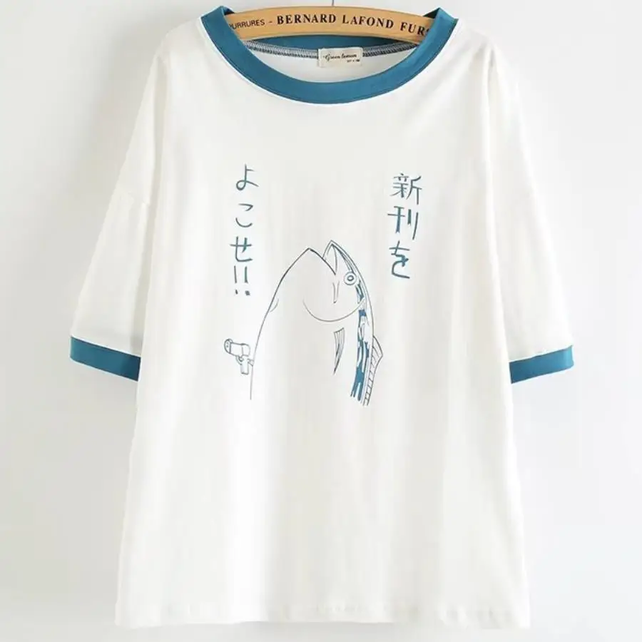 Japanese Mori Girl Simple Cute Fish Head Printing Letter Set Head Loose O Neck Short Sleeve T Shirt Tops T Shirts Aliexpress