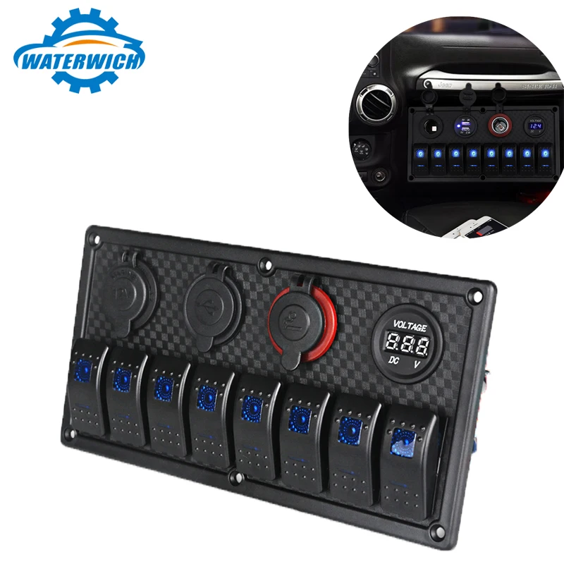 

WATERWICH 8 Gang Switch Panel Dual USB Adaptor+12V/24V Cigarette Lighter Socket Moblie Phone Charger For Iphone Samsung