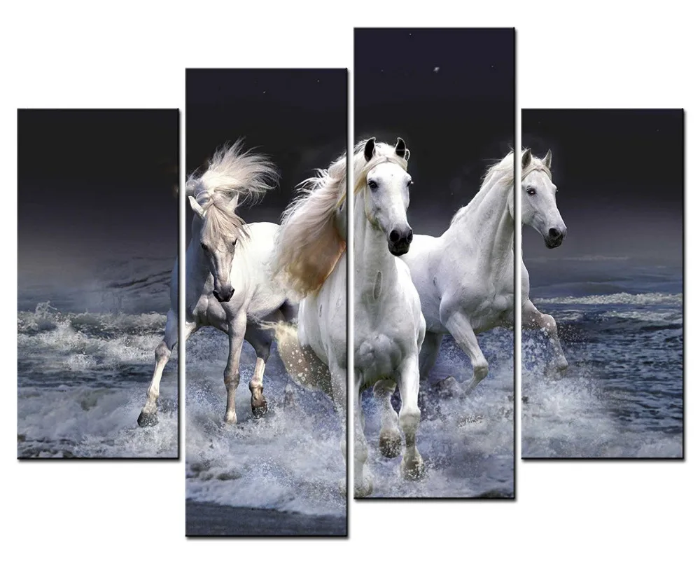4 Panels Large Canvas Pictures A running horse Wall Arts Canvas Wall
