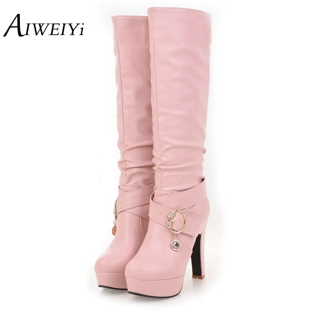 

AIWEIYi Women Autumn Winter Knee High Boots Fashion ladies Square Thick heels Boots Sexy Woman Round toe Martin Shoes Womens