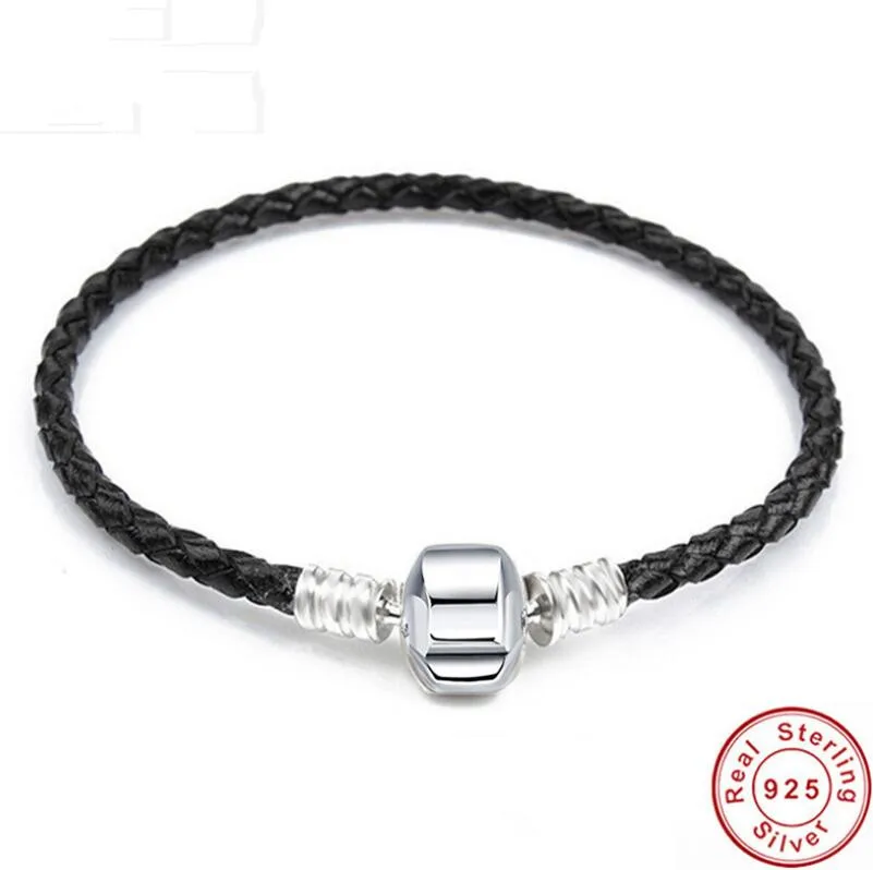 

925 Sterling Silver Genuine Leather Barrel Clasp Snake Chain Pandora Bracelet Bangle Fit Women Diy Bead Charm Jewelry