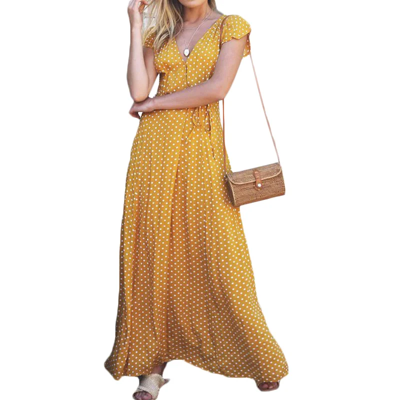 

Women Polka Dot Print Maxi Dress Long V-neck High Waist Lace Up Bohemian Dresses Female 2019 Summer Woman Clothes Size S-XL