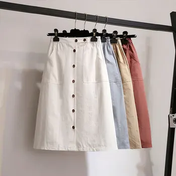 

Summer Skirt Women Elegant Button High Waist Office A-Line Skirt Female 2019 Casual Midi Knee Length School Skirt