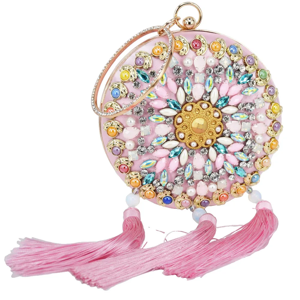 Fashion Round Luxury Bead Clutch Evening Bag tassel Wristlets bag Pink White Clutch Party Purse Wedding banquet Bag