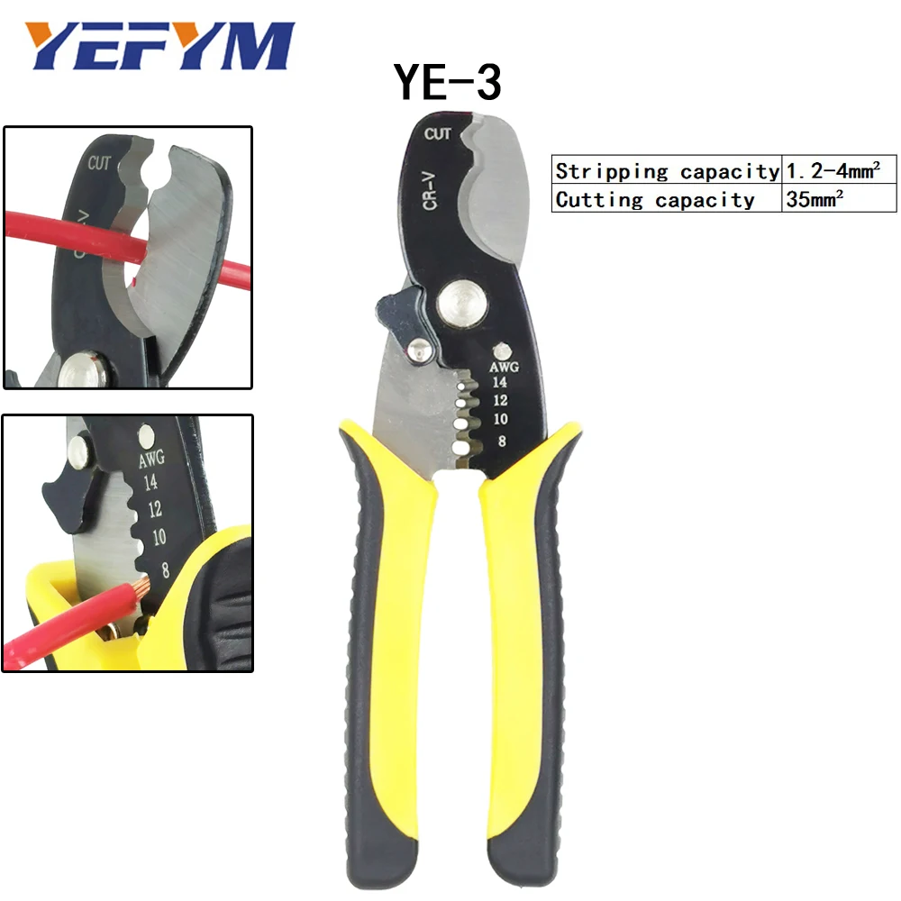 

Multi-function tools cutter stripper pliers YE-3 cutting capacity 35mm2 wire srtipping capacity 1.2-4mm2 mini Electrical tools
