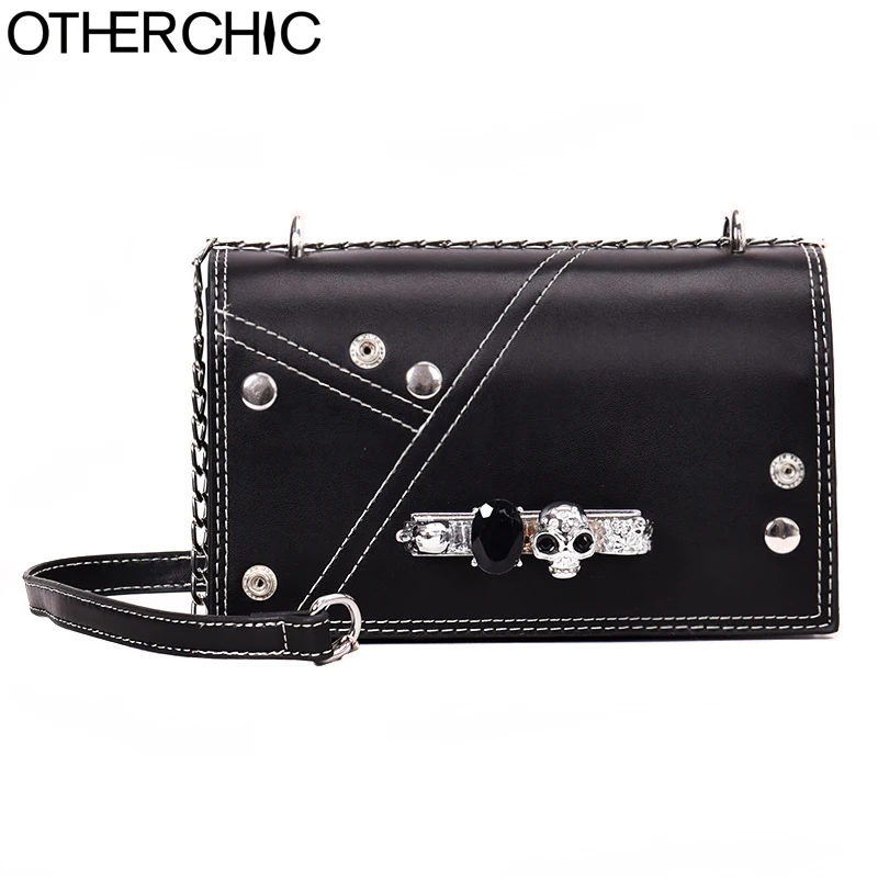 

OTHERCHIC Fashion Skull Black Women Shoulder Bag Small Messenger Bags Rivet Chain Shoulder Strap 8N12-27