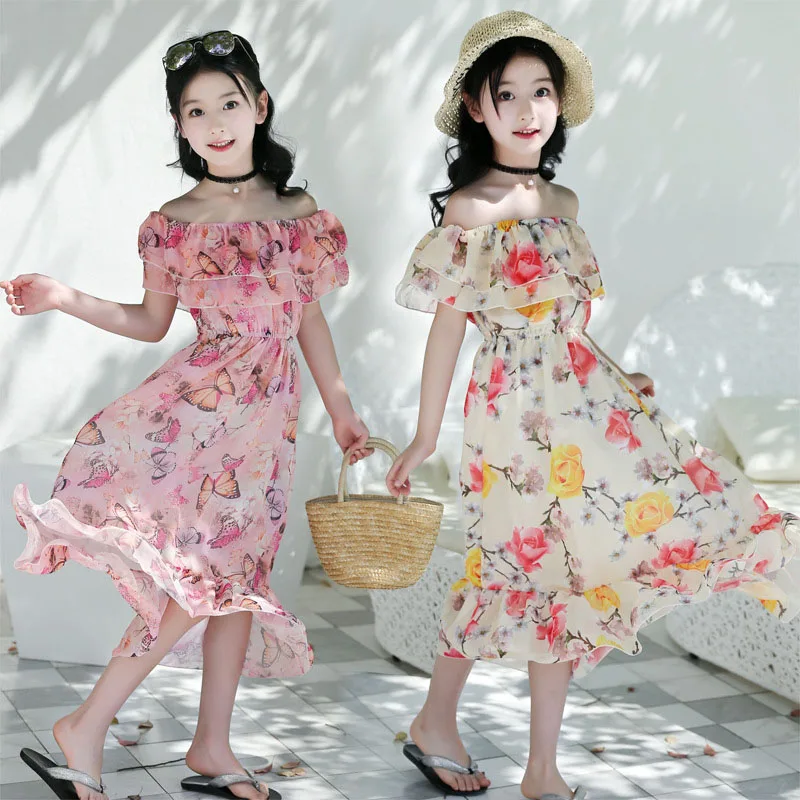 

New 6-14T Summer Girls Long Bohemian Chiffon Dress Princess Children'S Off-Shoulder Floral Dresses Vestido For Wedding Party