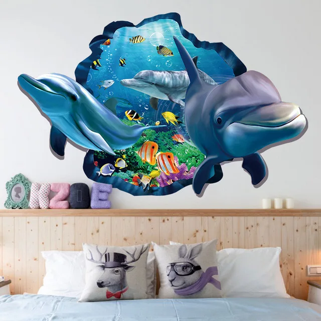 Подводная Рыба Дельфин 3d яркие наклейки на стены окна DIY наклейки на стены Ванная комната Гостиная Спальня украшение дома плакат