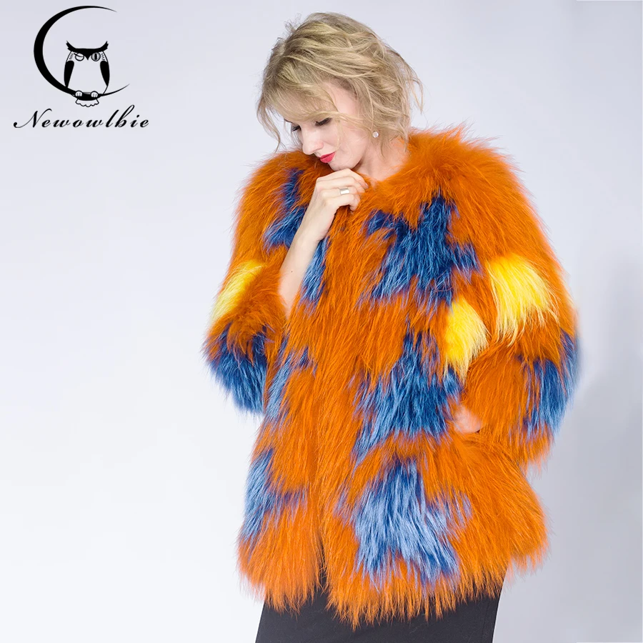 2022 Knitted Fashion Jacket Womens Raccoon Dog Fur Coat Tan Sheep Fur