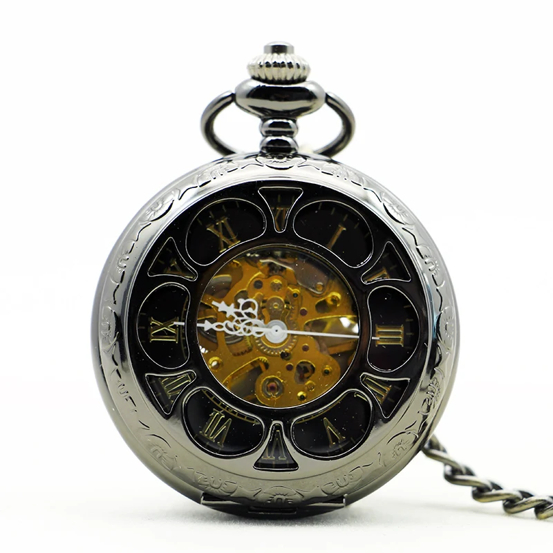 

Retro Black Flower Hollow Mechanical Pocket Watch For Mens Unique Fob Chain Pocket Watches For Womens Mens PJX1136