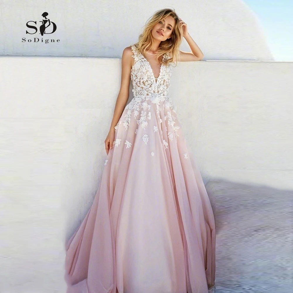 

Pink Wedding Dress 2019 Lace Appliques Romantic Beach Bridal Gown V-neck princess wedding dress vestido de casamento
