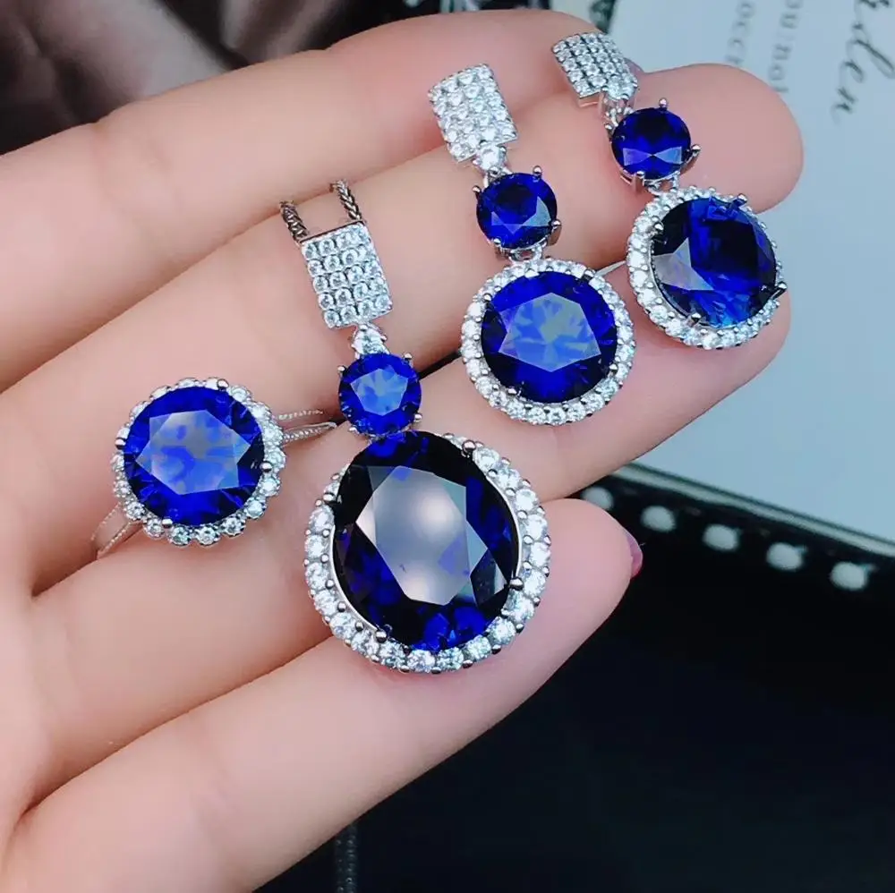 Драгоценный камень, синий сапфир комплект ювелирных изделий в том числе кольцо, серьги, ожерелье с 925 серебро