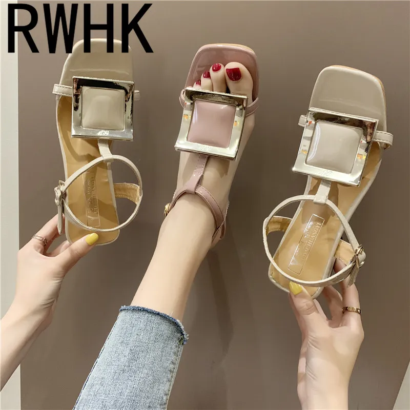 

RWHK 2019 new summer thick with wild with a word buckle with square head metal decorative retro Roman sandals women B006