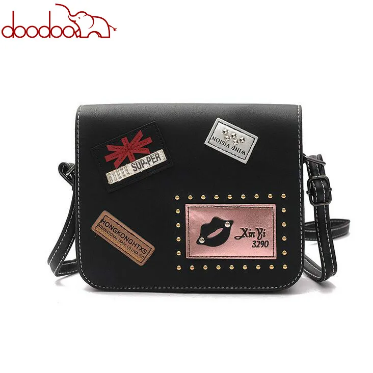 

2019 Fashion New Female bag Handbags Quality PU leather Women bag British Retro Badge Square bag Rivet Shoulder Messenger Bag