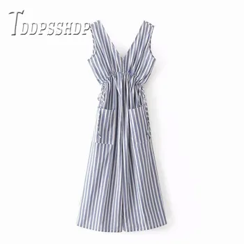

2019 Stripe Two Pocket Women Jumpsuits Summer V Neck Wide Leg Female Playsuits
