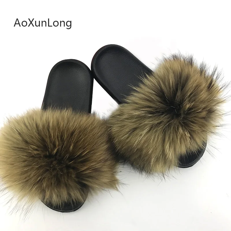 

Corium Raccoon Fur Slippers Fox Fur Slides Luxurious Women Slippers Furry Slippers Warm Slippers Lovely Fluffy Shoes Large Size