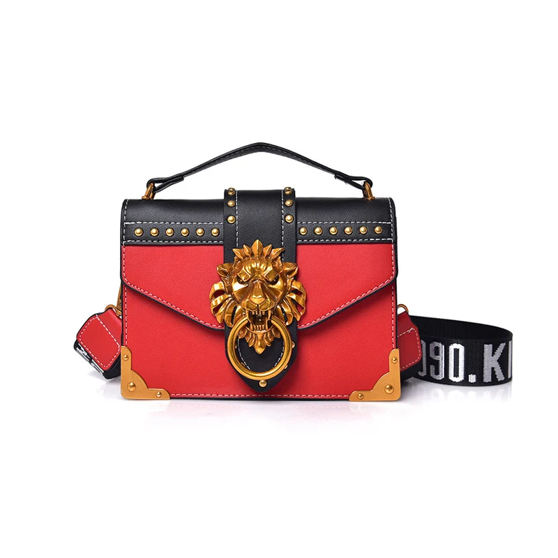 Luxury Women Fashion Rivet Handbag Metal Lion Head Female Wide Shoulder Bag Famous Design Lady Flap Bolsa Mini Crossbody SS3501 (1)
