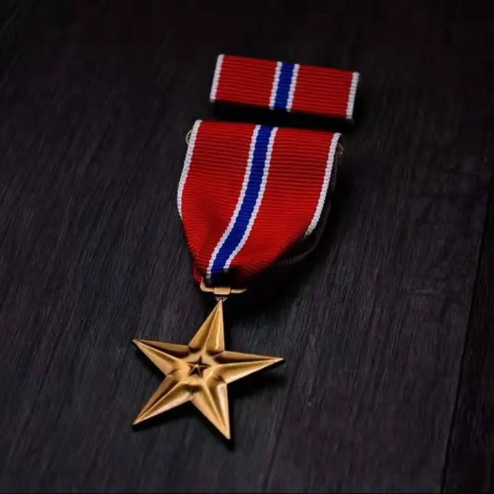 Award Metal Gold Jeweled Cross & R/W/B/ Grosgrain Ribbon Costume Military Pin 