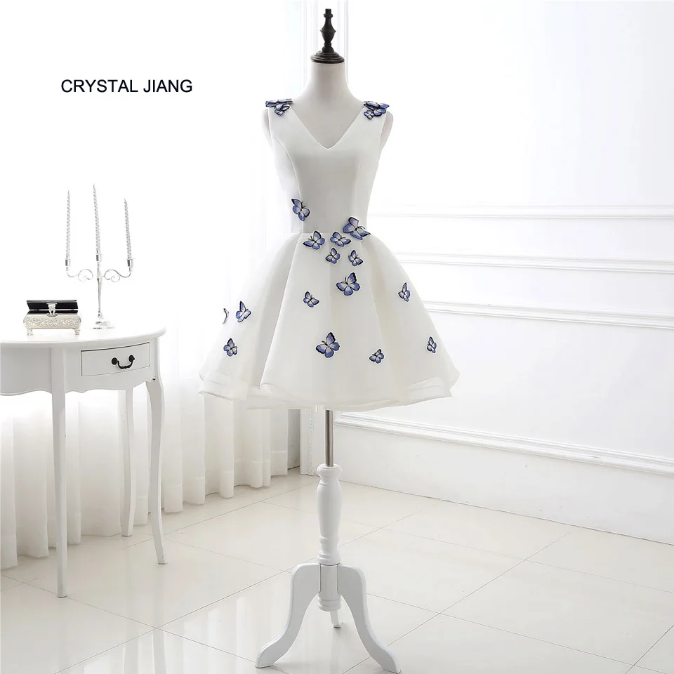

CRYSTAL JIANG 2018 Sexy V Neck White Cotton Tulle Custom made Embroidery Butterflies Short Cheap A Line Cocktail Dresses