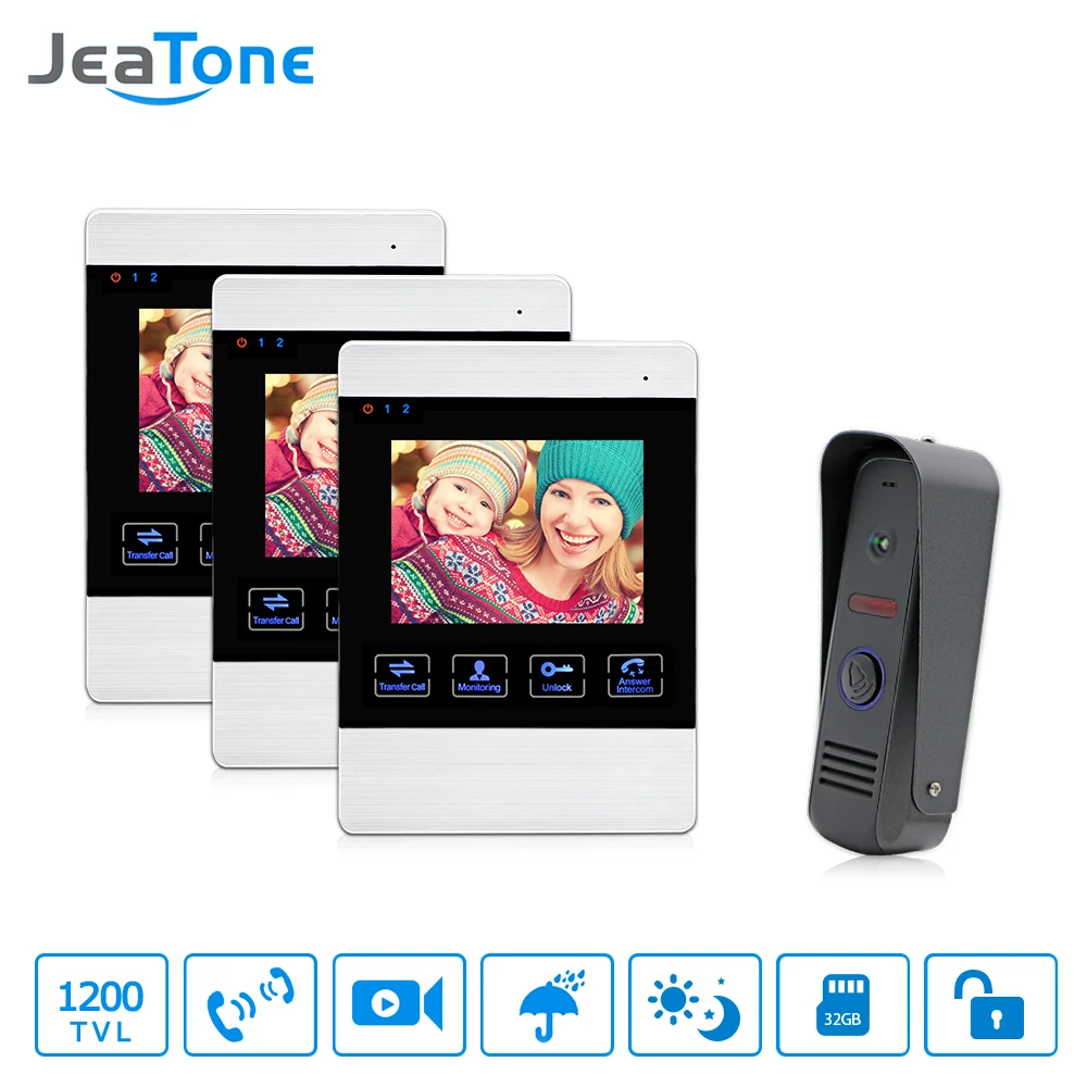 JeaTone 4 дюймов видео дверь домофон Системы 1200TVL Touch ключ разблокировки крытый монитор непромокаемые Главная Безопасность блок