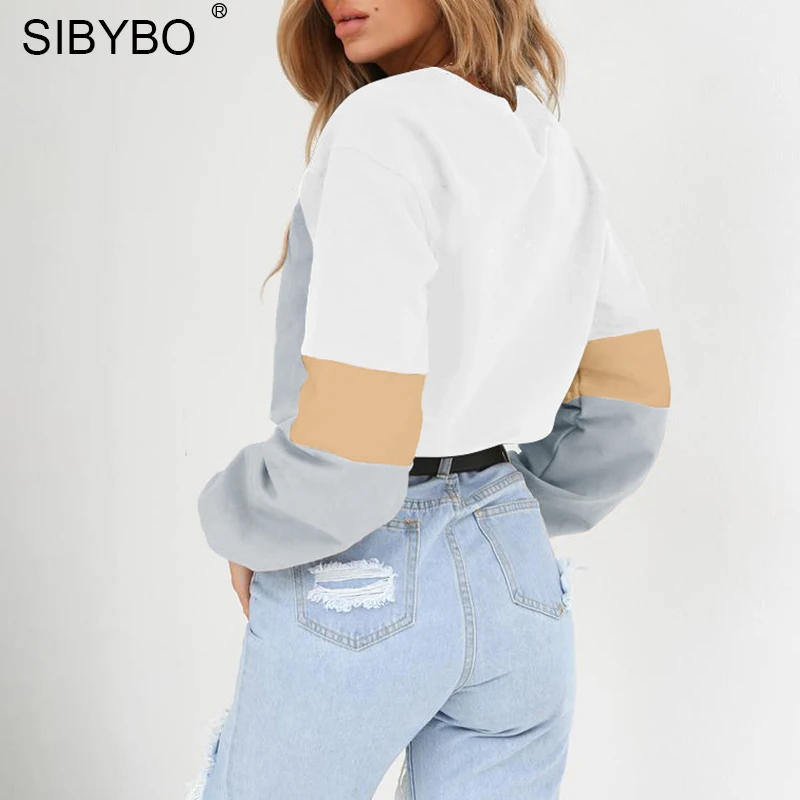  Sibybo Colors Patchwork Cotton Women Hoodies Sweatshirts Autumn Long Sleeve Drawstring Pullover Cro