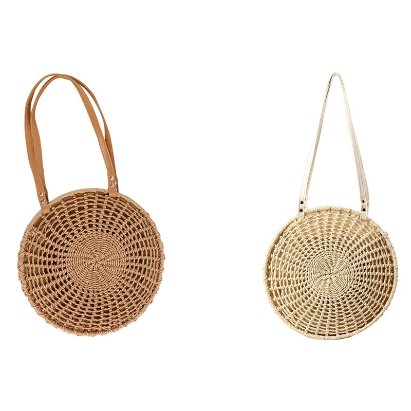 

BEAU-New Round Woven Straw Beach Bag Vintage Handmade Woven Shoulder Bag Circle Rattan Bags Bohemian Summer Vacation Casual Ba