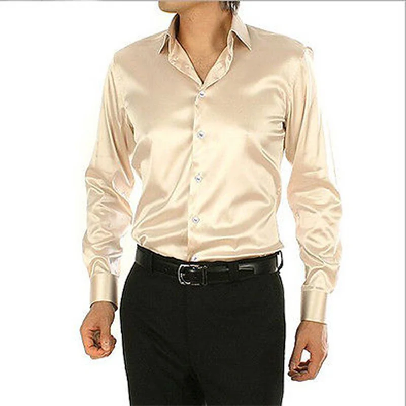 Buff Leisure Clothing Wedding Prom Emulation Silk Long Sleeve Shirts Men's Casual Shirt Shiny 