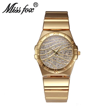 

Miss Fox Roman Numerals Gold Watches Women Famous Brand Diamond Watch Face For Women Clock Steel Weave Rhinestone Quartz Watch