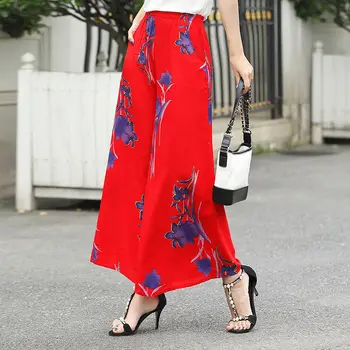 

Plus Size 5XL Floral Print Wide Leg Pants Women Long Casual Pant Summer Boho Beach Elastic High Waist Chiffon Linen Trousers