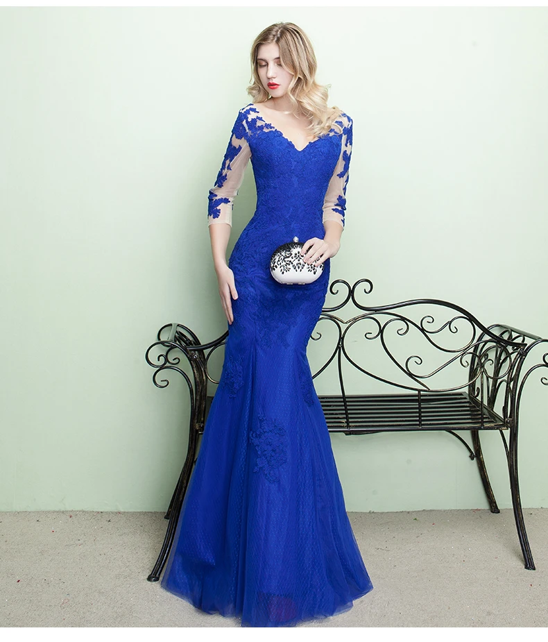 Королевский Синий Тонкий Русалка Длинные Вечерние Платья 2017 Sheer Вернуться 3/4