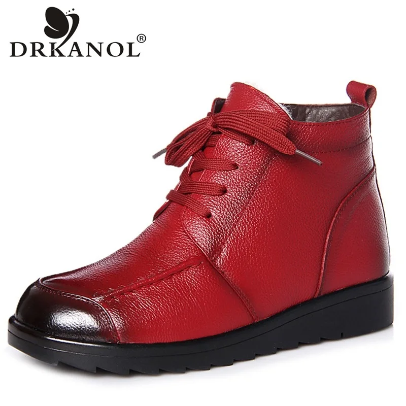

DRKANOL 2019 Genuine Cow Leather Women Ankle Boots Lace Up Round Toe Natural Wool Snow Boots Women Winter Warm Flat Shoes