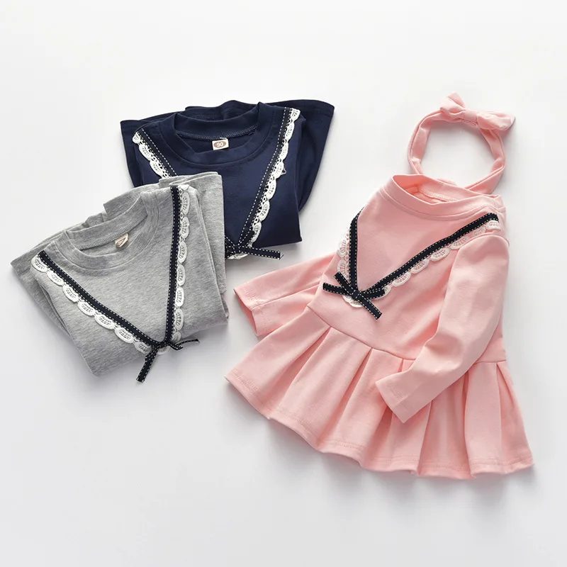 2018 baby girl long sleeve dress fashion pink print pattern bow girl cotton dress children's