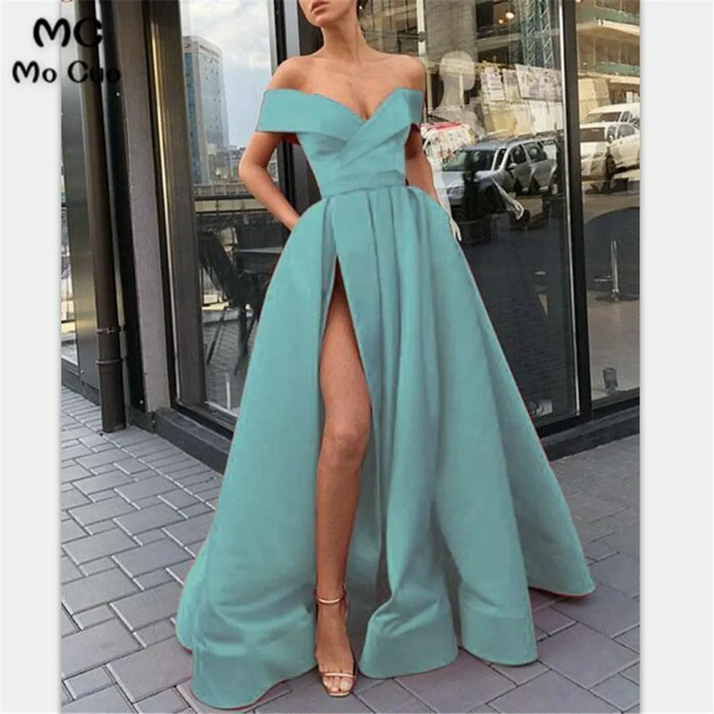 

Elegant Off Shoulder Evening Dresses Long with Pockets Short Sleeve Satin robe de soire Evening Party Dress for Women