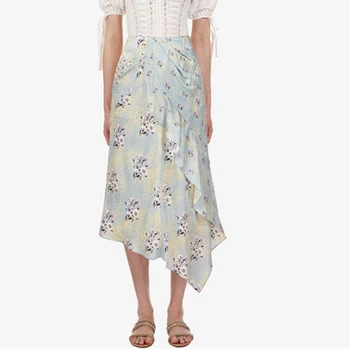 

2019 Runway Faux Silk Skirt Women Luxury Floral Print High Waist Skirt Ruffles Irregular Long Skirt Midi Spodnica Faldas Mujer