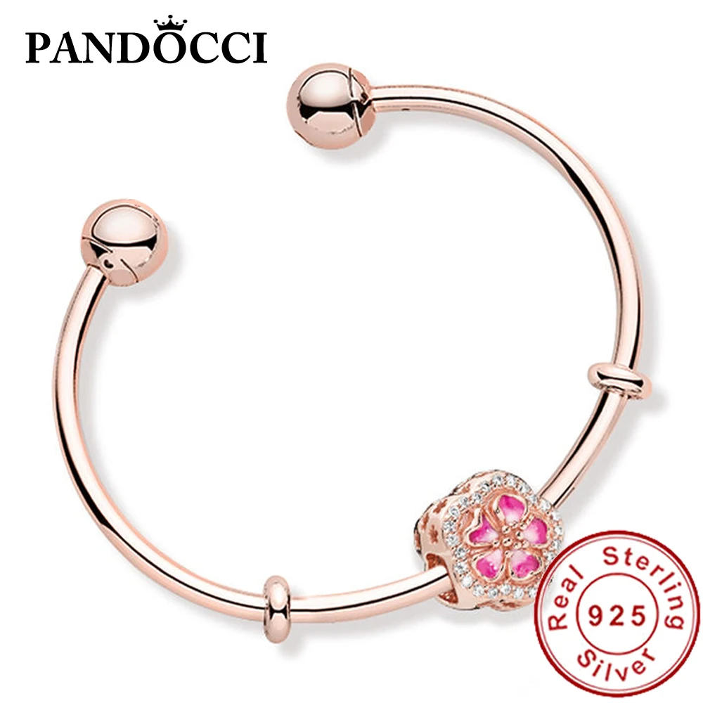 

PANDOCCCI 100% 925 Sterling Silver ZT0297 Peach Blossom Floral Spring Strings Bracelet Gift Set Opening Adjustable Bangle