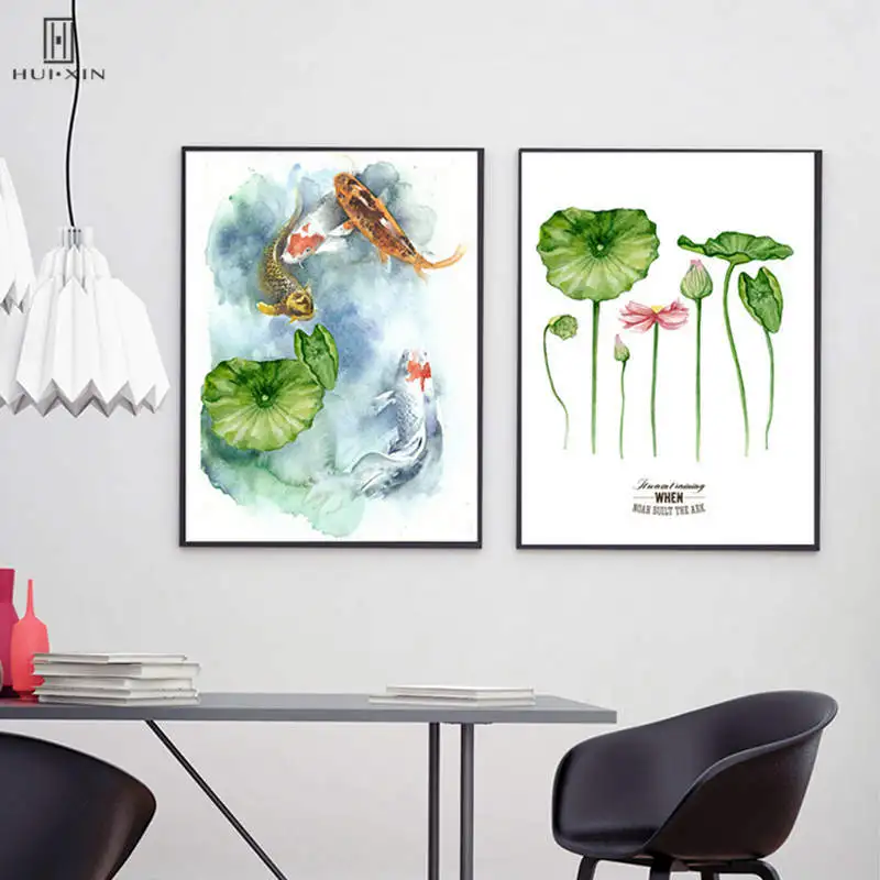 

Traditional Chinese Watercoclor Landscape Pictures Several Fancy Carps Swimming Rotus Leaf Canvas Wall Art Prints For Home Decor
