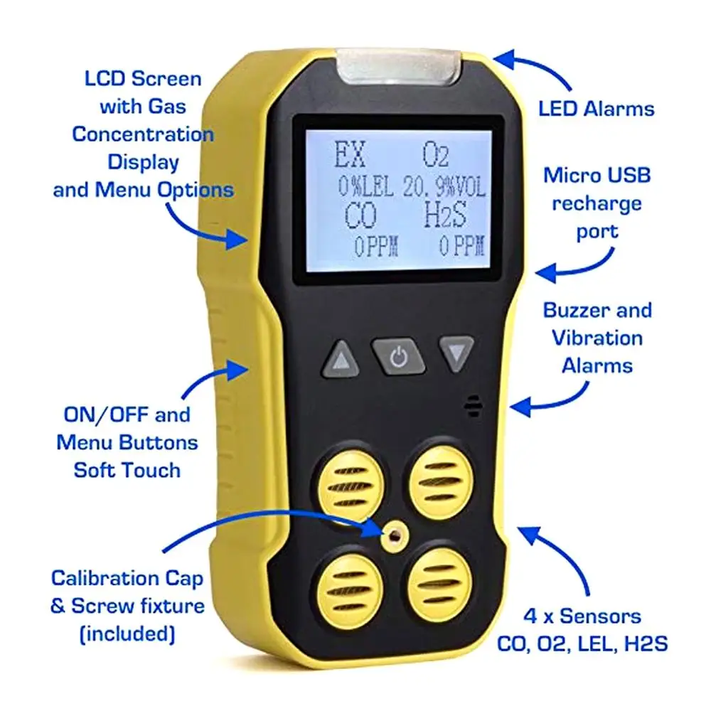 4 в 1 мульти детектор газа монитор Газа кислорода O2 сероводорода H2S Угарный газ CO горючий газ LEL анализатор газа метр
