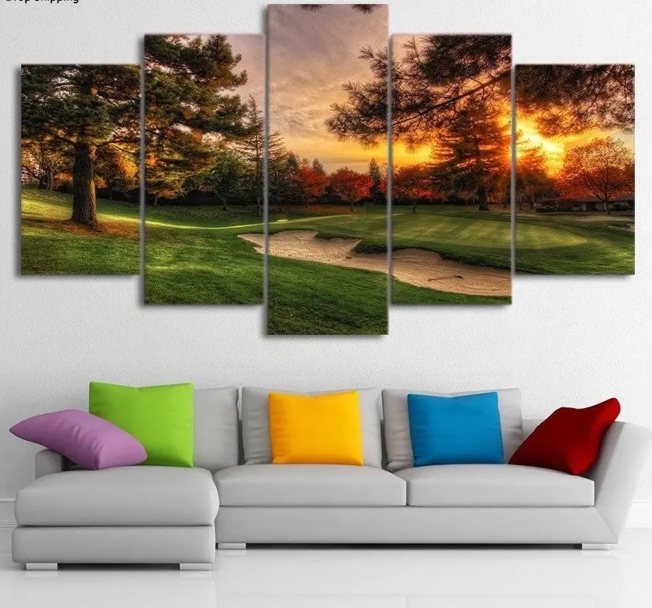 

Large Framed Original art print poster canvas Golf Course Sunset Green 5 pieces