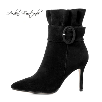 

Arden Furtado 2018 autumn winter zipper sexy stilettos shoes ladies buckle pointed toe ruffles fashion genuine suede ankle boots