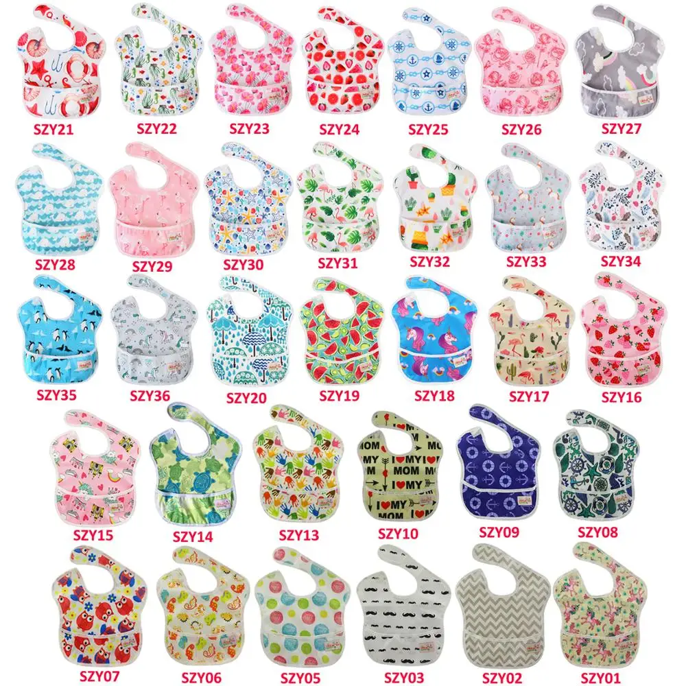 

Waterproof Baby Bibs with Pockets Unicorn Flamingo Rainbow Print Baby Feeding Bibs Washable Reusable Clothes One Size Fits All