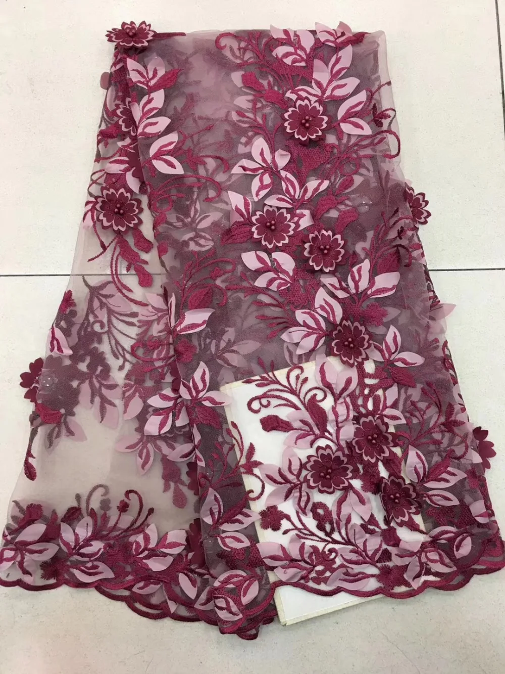 Red Beaded African Lace Fabric, Handmade Beaded Tulle Embroidery French